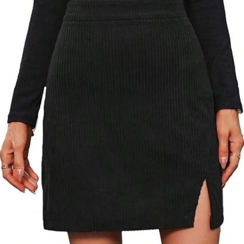 Black Ribbed Corduroy Mini Skirt with Slit